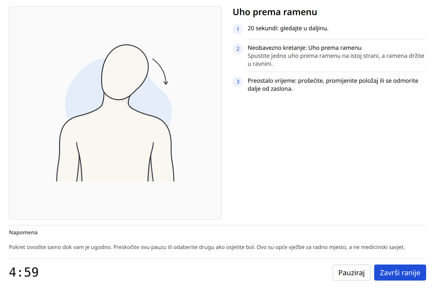 Prozor odmora s ilustracijom vježbe, koracima i odbrojavanjem.